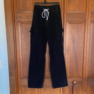 Black Denim Loose Fit Wide Leg Cargo Jeans with Drawstring Waist & White Tie